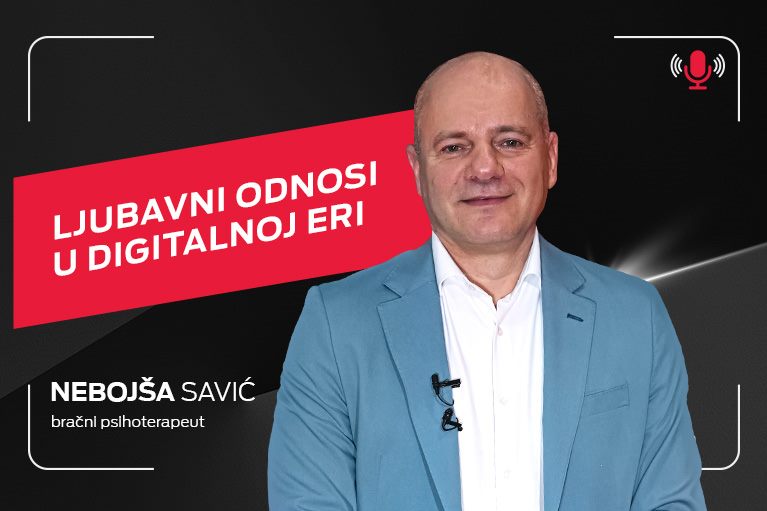 Bracni psihoterapeut Nebojsa Savic na crnoj pozadini sa crvenim natpisom Ljubavni odnosi u digitalnoj eri.